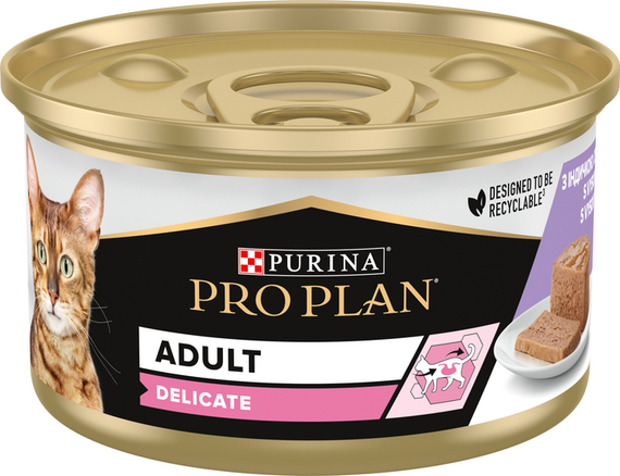 Вологий корм Purina PRO PLAN Delicate Adult для дорослих котів із чутливим травленням, мус з індичкою 86г