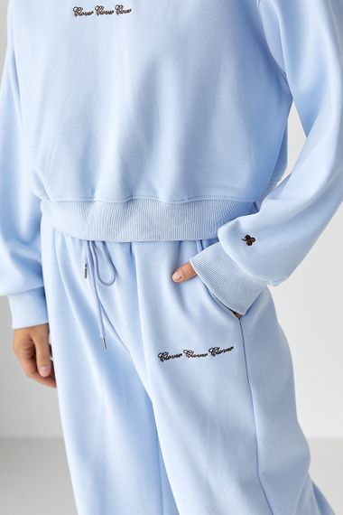 Спортивний костюм із плюшевим начісом з коротким світшотом та штанами палаццо - блакитний цвет, M/L (є розміри) | Зображення 3