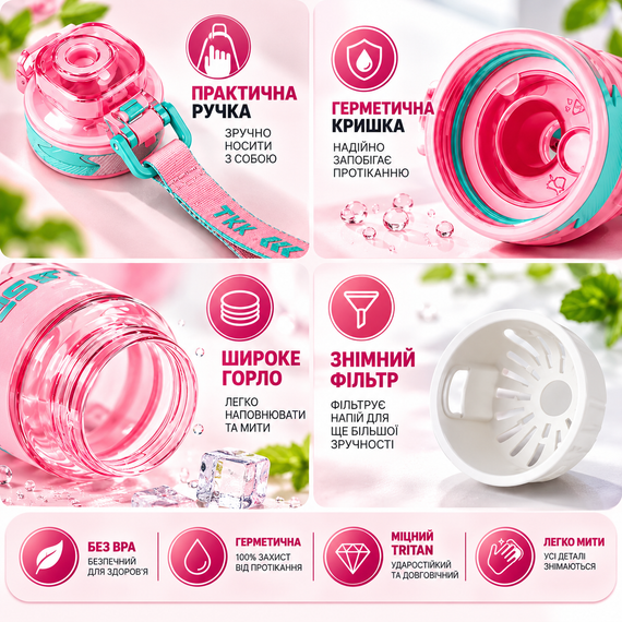 Бутылка для воды KANGZYUAN розовая 500 мл Tritan BPA Free спортивная ударопрочная с трубочкой и герметичной крышкой | Зображення 4