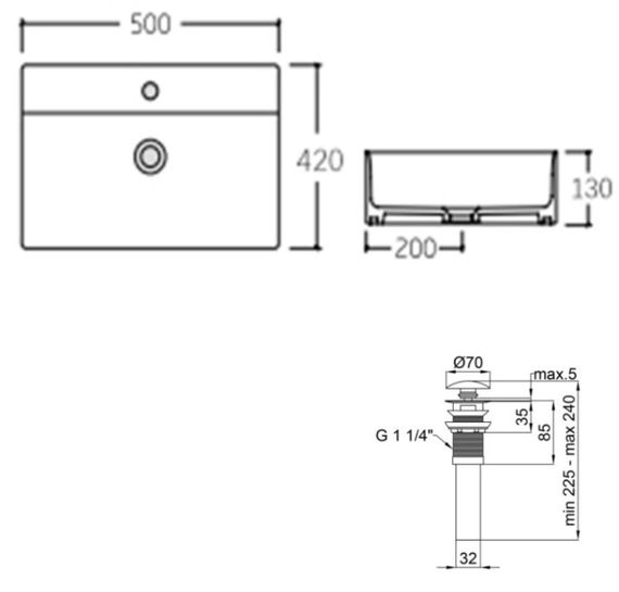 Комплект Qtap Nando LT: Раковина підвісна прямокутна 500х420х130 мм Matt Black + Донний клапан PU03O (QT12112173SMBMBN47322) | Зображення 1