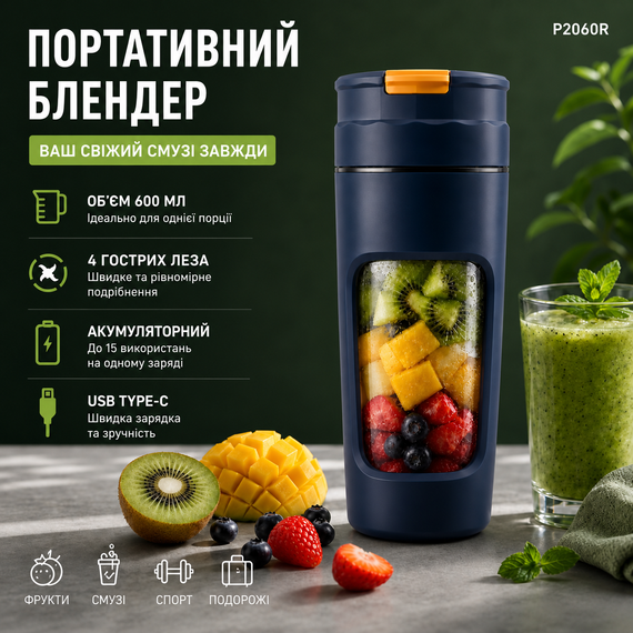 Портативный блендер P2060R на 600 мл, Tritan BPA-free, аккумуляторный с 4 лезвиями, USB Type-C, темно - синий