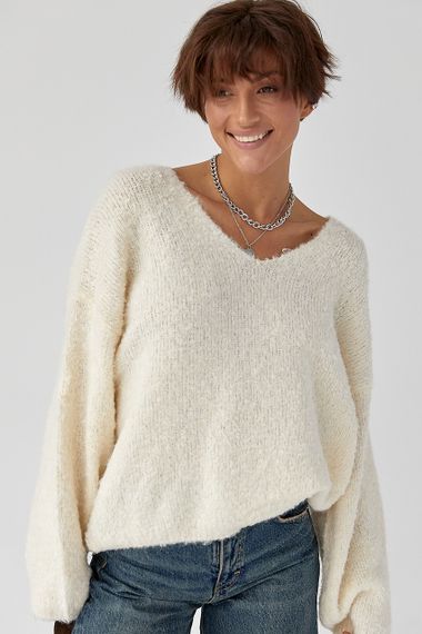 В'язаний джемпер з V-подібною горловиною - молочний цвет, ONE SIZE (є розміри) | Зображення 3