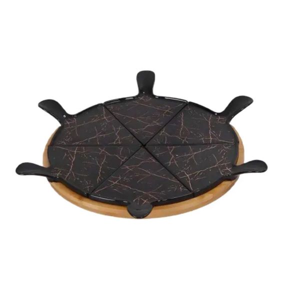 Тарелка для пиццы 28 см фарфоровая с бамбуковой вращающейся подставкой, секционная черная HP1247