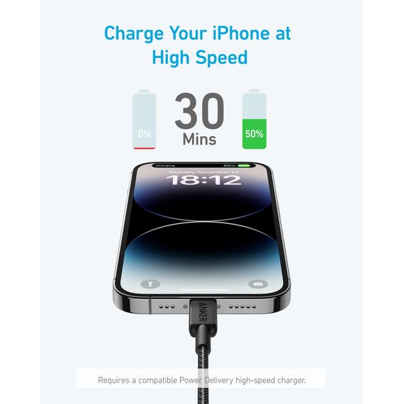 Дата кабель USB-C to Lightning 1.8m nylon 322 black Anker (A81B6G11) | Зображення 1