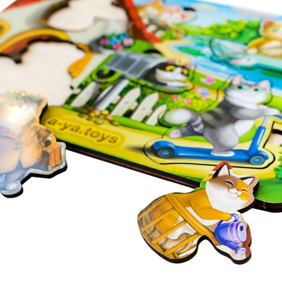 Деревянный пазл-вкладыш "Котики - 1" Ubumblebees (ПСД140) PSD140 с домиком | Зображення 1