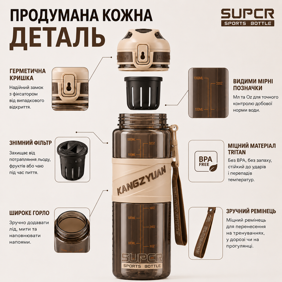 Спортивная бутылка для воды KANGZYUAN 1000 мл Коричневая, Tritan (BPA Free), ударопрочная с ремешком | Зображення 8
