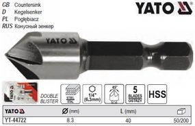 Зенкер коничний по металу HSS Ø=8.3 мм l=40 мм HEX-1/4" YATO Польща YT-44722