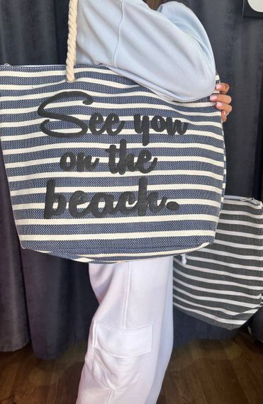 Женская большая пляжная сумка в полоску одно отделение на молнии AV39/1 размер 48/38, синяя