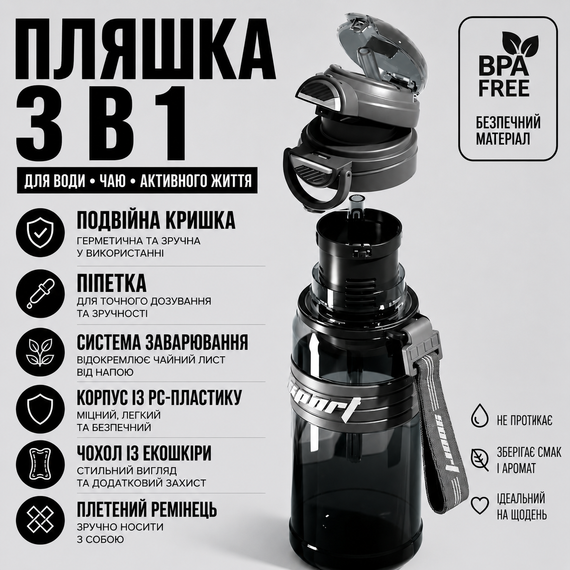 Спортивная эко-бутылка для воды 800 мл (BPA Free) с фильтром, соломинкой и ремешком - Черная | Зображення 2