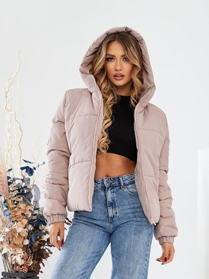 Жіноча тепла стьобана коротка зефірка куртка на блискавці з капюшоном розмір 44/46 колір пудровий UH270 | Зображення 5