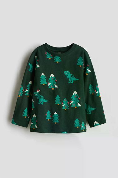 Дитячий новорічний лонгслів для хлопчика H&M 98-104 см Темно-зелений (25111708B)