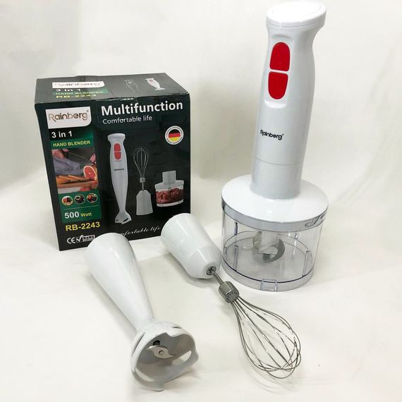 Блендер 3в1 Rainberg RB-2243 500W занурювальний блендер подрібнювач для молочних коктейлів. LO-532 Колір: білий | Зображення 1