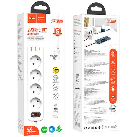 Удлинитель Hoco NS1 Aura PD20W (2USB/1Type-C/4xSocket) White | Зображення 4