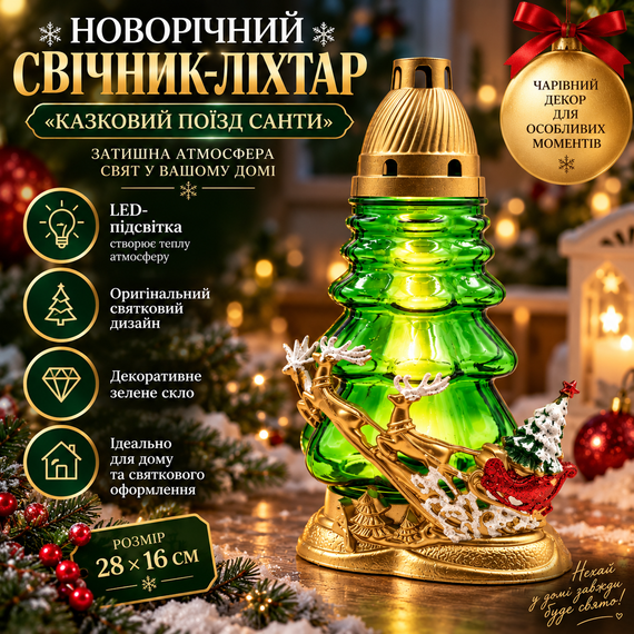 Новорічний свічник-ліхтар «Казковий поїзд Санти» 28×16 см із зеленого скла з LED-підсвіткою — різдвяний декор для дому | Зображення 6