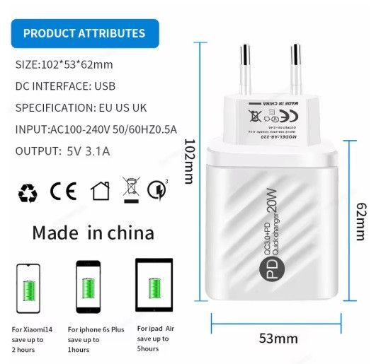 Зарядний пристрій 20W на 2 порти 1-USB, 1-PD з екраном White | Зображення 2