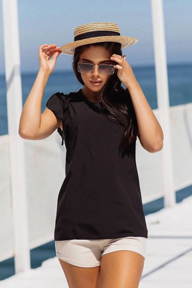 Женская легкая летняя блуза с коротким рукавом волан MI499 цвет черный, размер 42/44