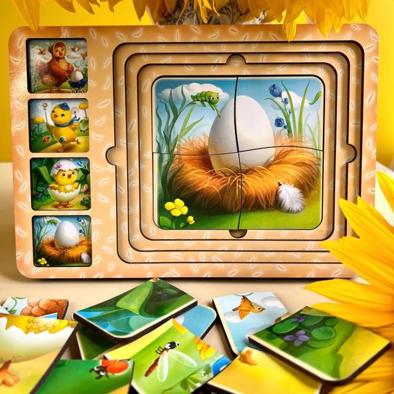Деревянная настольная игра "Этапы развития курочки" Ubumblebees (ПСФ018) PSF018 сортер-пазл | Зображення 3