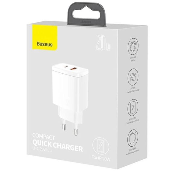 МЗП Baseus Compact Quick Charger 20W QC+PD (1USB-A/1C) (CCXJ-B) White | Зображення 2