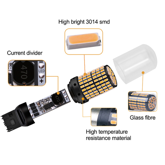 Помаранчева світлодіодна автолампа Т20 W21W 7440, 3014х144smd, 24 Вт, 12-24В | Зображення 2