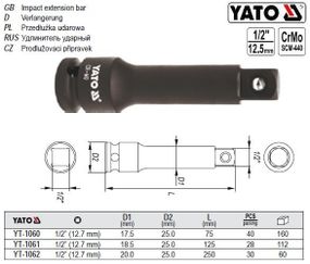 Удлинитель YATO Польша подовжувач ударный 1/2" l=250 YT-1062