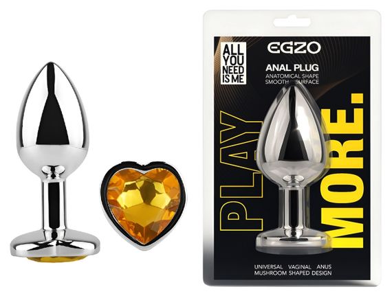 Анальна пробка з кристалом EGZO - Silver Heart Plug Yellow size M Sex Aura