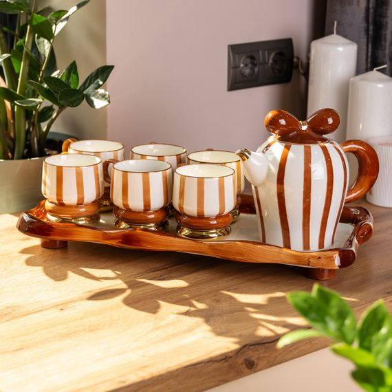 Чайный сервиз на 6 персон с фарфоровой подставкой, шоколад HP-15-29 | Зображення 8