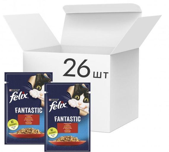 Вологий корм Felix Fantastic для дорослих котів шматочки в желе з яловичиною 78х85г | Зображення 2