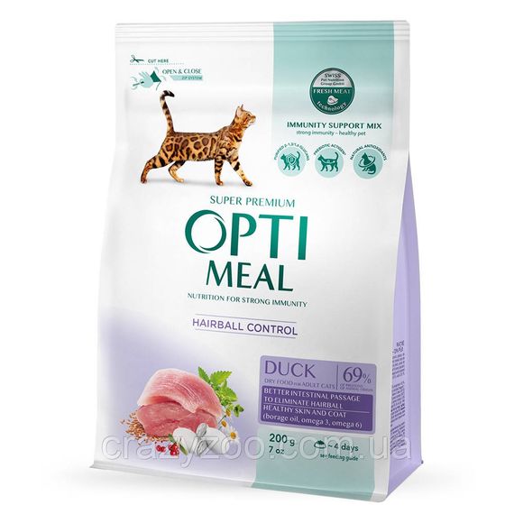 Сухий корм для котів OptiMeal Adult Hairball Control для виведення шерсті з качкою 200 г B1890701