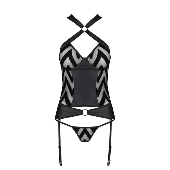 Сітчастий комплект із візерунком, корсет, підв'язки, трусики Passion HIMA CORSET XXL/XXXL black | Зображення 4
