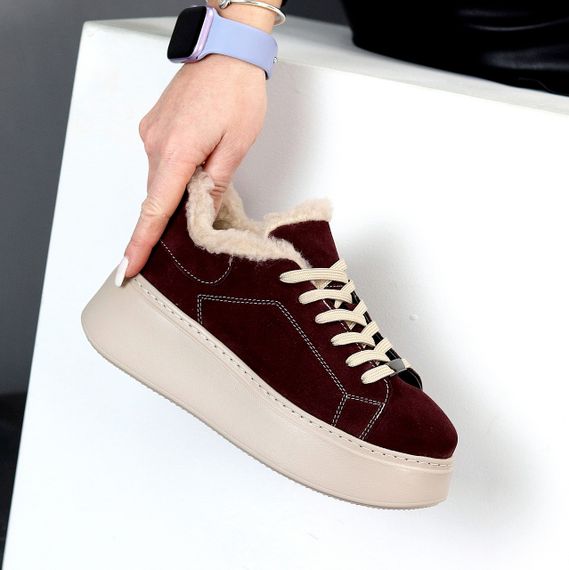 Бордовые зимние прошитые кроссовки натуральная замша на бежевой платформе | Зображення 6