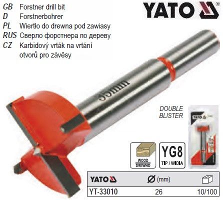 Свердло-фреза по дереву YATO : Ø=26 мм, зі шпинделем Ø=10 мм YT-33010