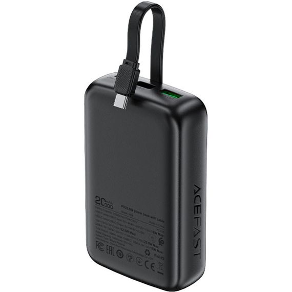 УМБ Acefast 20000mAh 22,5W PD,QC3.0 USB-A+USB-C In/Out,build-in cable M14 Black | Зображення 4