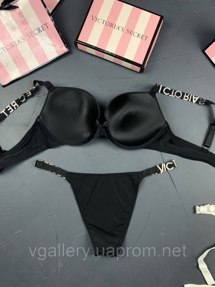 Комплект чорного жіночої нижньої білизни Victoria's Secret Модель Букви Стрази Вікторія Сікрет | Зображення 6