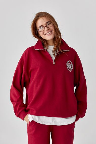 Вільний спортивний костюм зі світшотом на блискавці та прямими штанами - темно-червоний цвет, ONE SIZE (є розміри) | Зображення 2