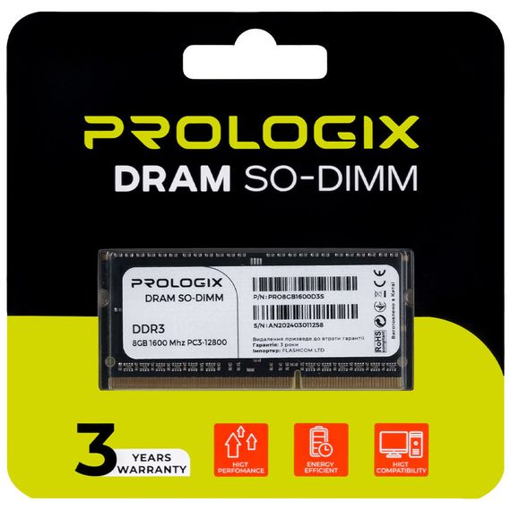 Модуль пам'яті для ноутбука SoDIMM DDR3 8GB 1600 MHz Prologix (PRO8GB1600D3S) | Зображення 3