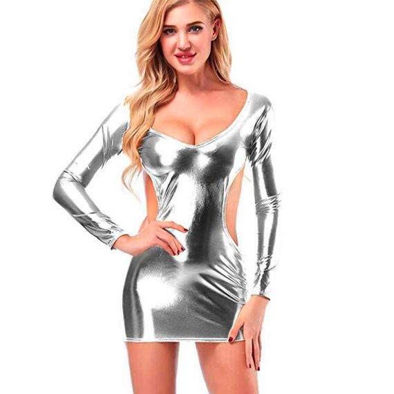 Сексуальное блестящее мини-платье из кожзама - XS/S - серебро