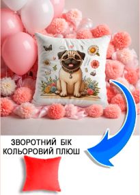 Подушка плюшева Мерч Крафт Дизайн з принтом мопс 3 червоний плюш квадратна 33х33 см