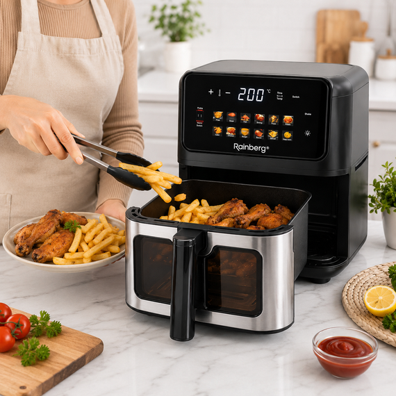 Аерогриль Rainberg RB 2342 4800W аерофрітюрниця безмасляна для приготування без олії з 2 Тенами 12,5 л та сенсорним керуванням | Зображення 2