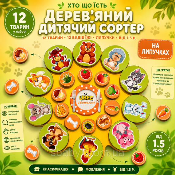 Розвивальна дитяча гра на липучках Ubee "Хто що їсть" з тваринами та їжею, дерев'яна