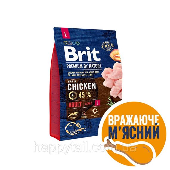 Корм Brit Premium by Nature Adult L для взрослых собак крупных пород, курица, 3 кг