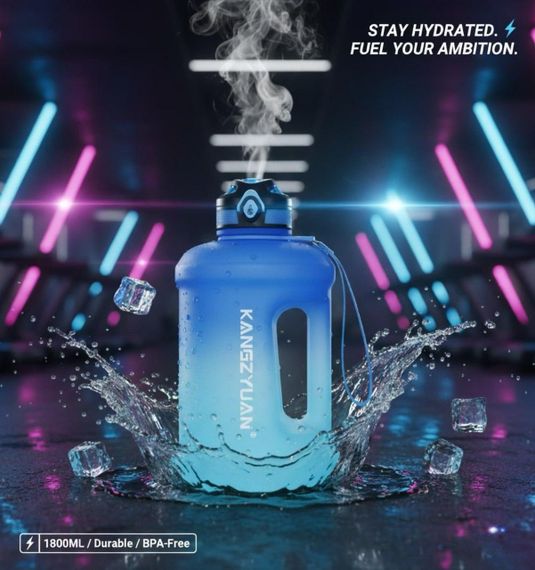 Эко-бутылка KANGZYUAN 1800 мл - Голубая Tritan BPA-free, ударопрочная, спортивная с ручкой и ремешком | Зображення 6