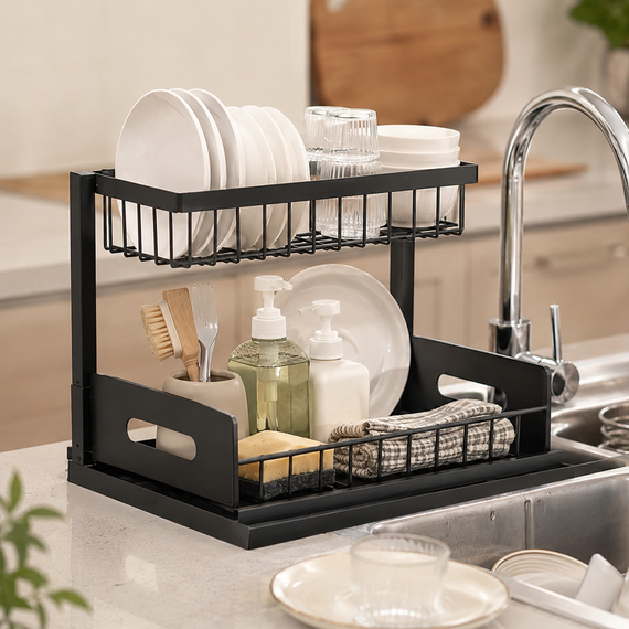 Кухонний стелаж-сушарка для посуду миючого Storage rack AND-103-30-10pcs / Органайзер для кухонного приладдя / Дворівневий | Зображення 2