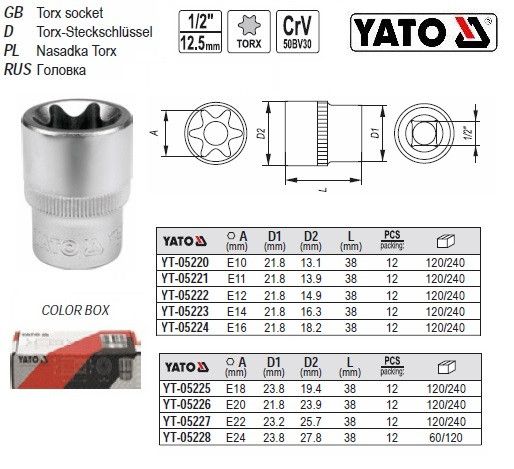 Головка торцевая ТОRХ 1/2" Е18х38 мм Польша YATO YT-05225