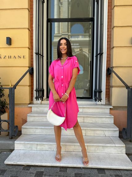 Жіноча літня сукня-сорочка з короткими рукавами на ґудзиках турецький льон-жатка adl773 колір рожевий, розмір 46/48 | Зображення 1