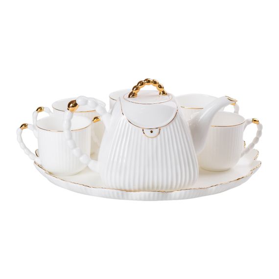 Чайный набор на 6 персон, с заварочным чайником и подставкой, белый. | Зображення 6