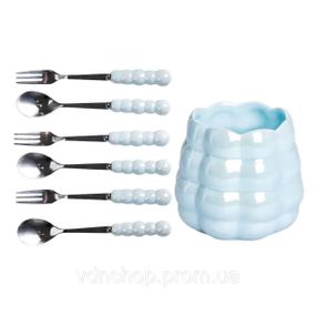 Набор десертных вилок и ложек на 3 персоны с подставкой из фарфора 7 предметов Голубой HP-20-57