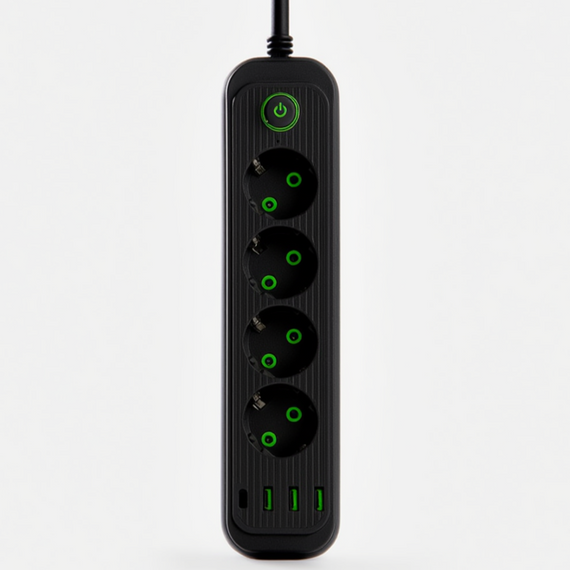 Сетевой фильтр-удлинитель 4 розетки 3xUSB-A 1xUSB-C 3м черный HP-5-38M