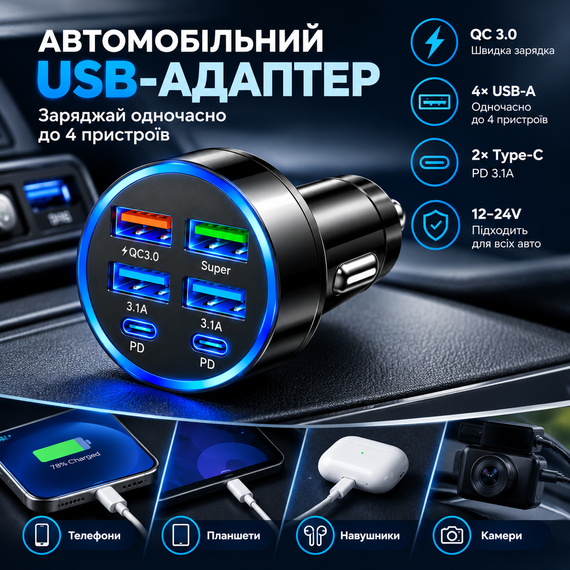 Автомобільний зарядний пристрій 6-в-1 PowerHub 100Вт (4USB + 2PD) | Зображення 2