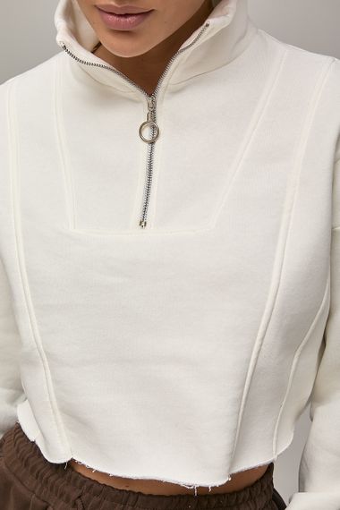 Короткий світшот із декоративними швами та блискавкою на горловині - молочний цвет, M (є розміри) | Зображення 3