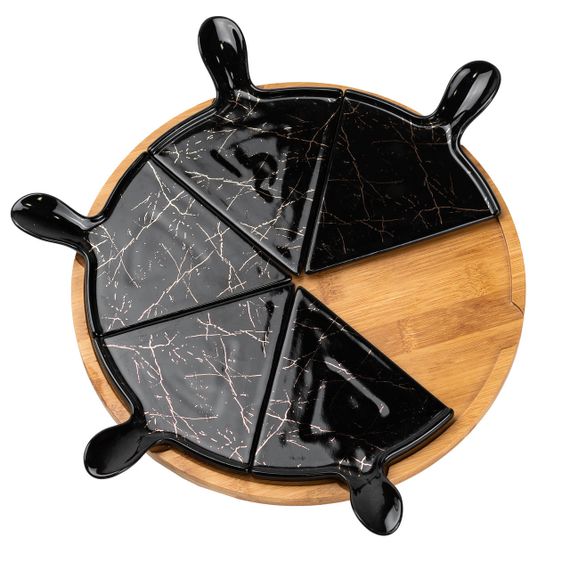 Тарелка для пиццы 28 см фарфоровая с бамбуковой вращающейся подставкой, секционная черная HP1247 | Зображення 3